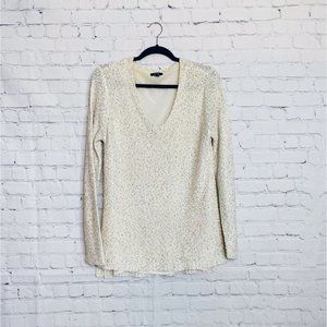 Apt. 9 Shimmery Gold Sequin Cream V-Neck Mesh Knit Sweater XLARGE Lined EUC